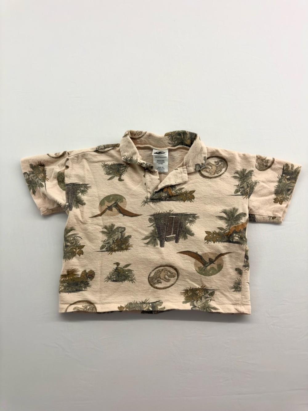 Kids Beige Polo Top with Dinosaur Print